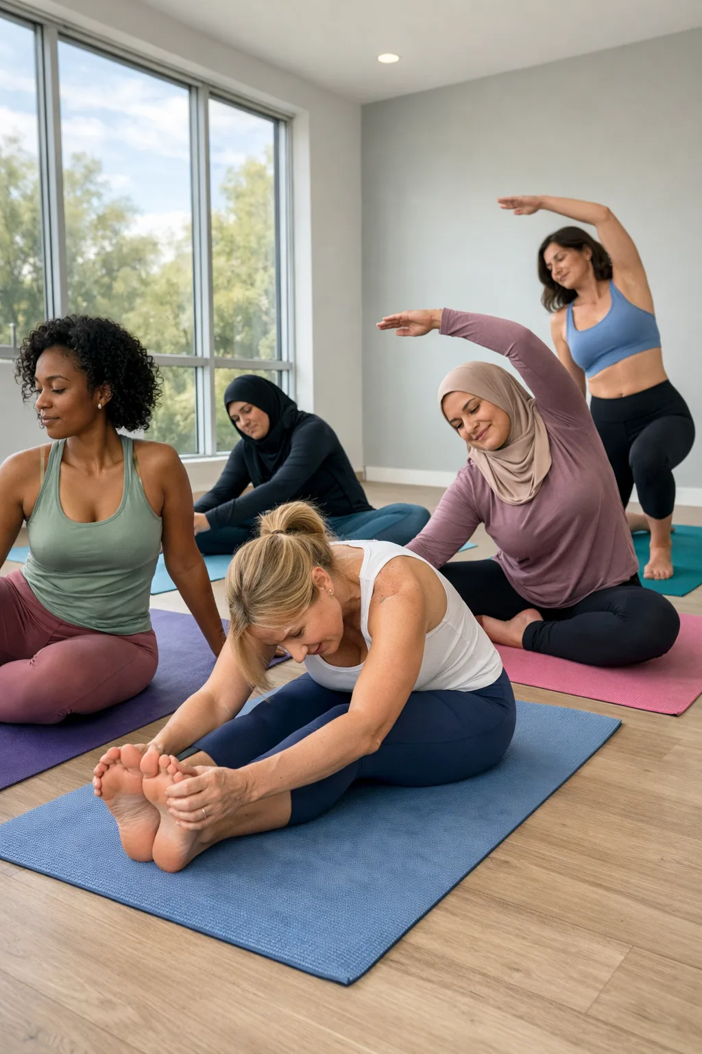 Women stretching together in a fitness class