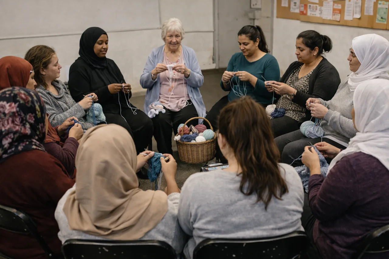 Women knitting together in a community workshop