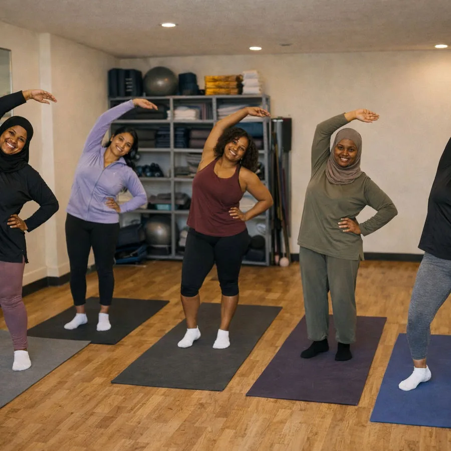 Women stretching together in a Fitwell class